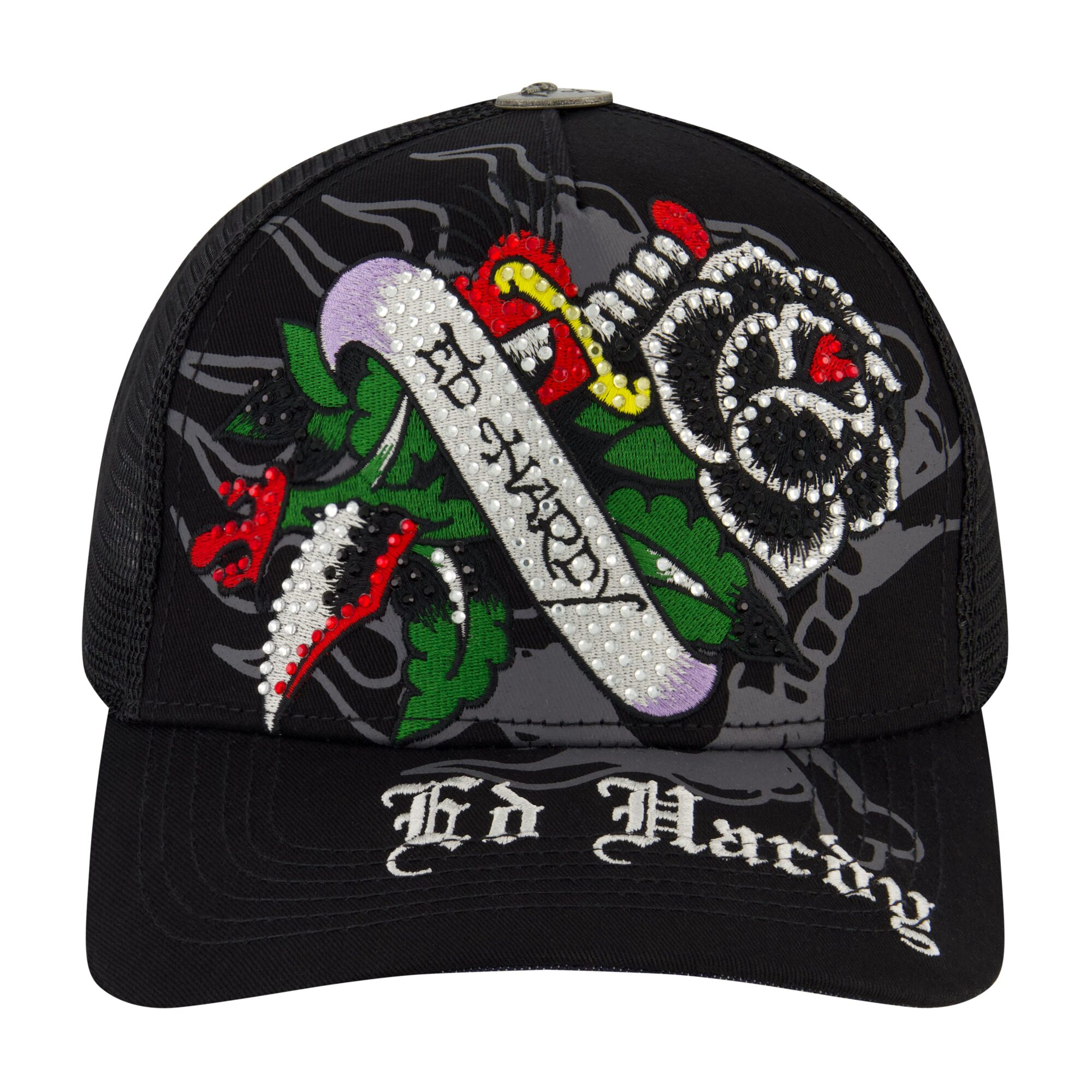 BLACK ROSE RHINESTONE TRUCKER HAT