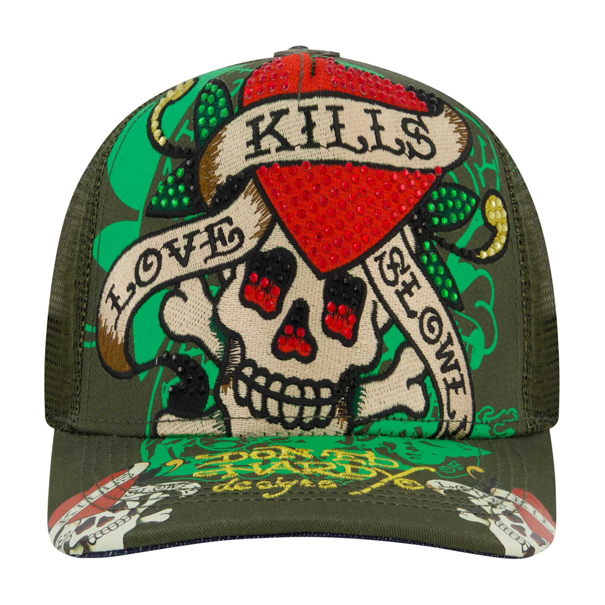 LKS SKULL RHINESTONE TRUCKER HAT - OLIVE