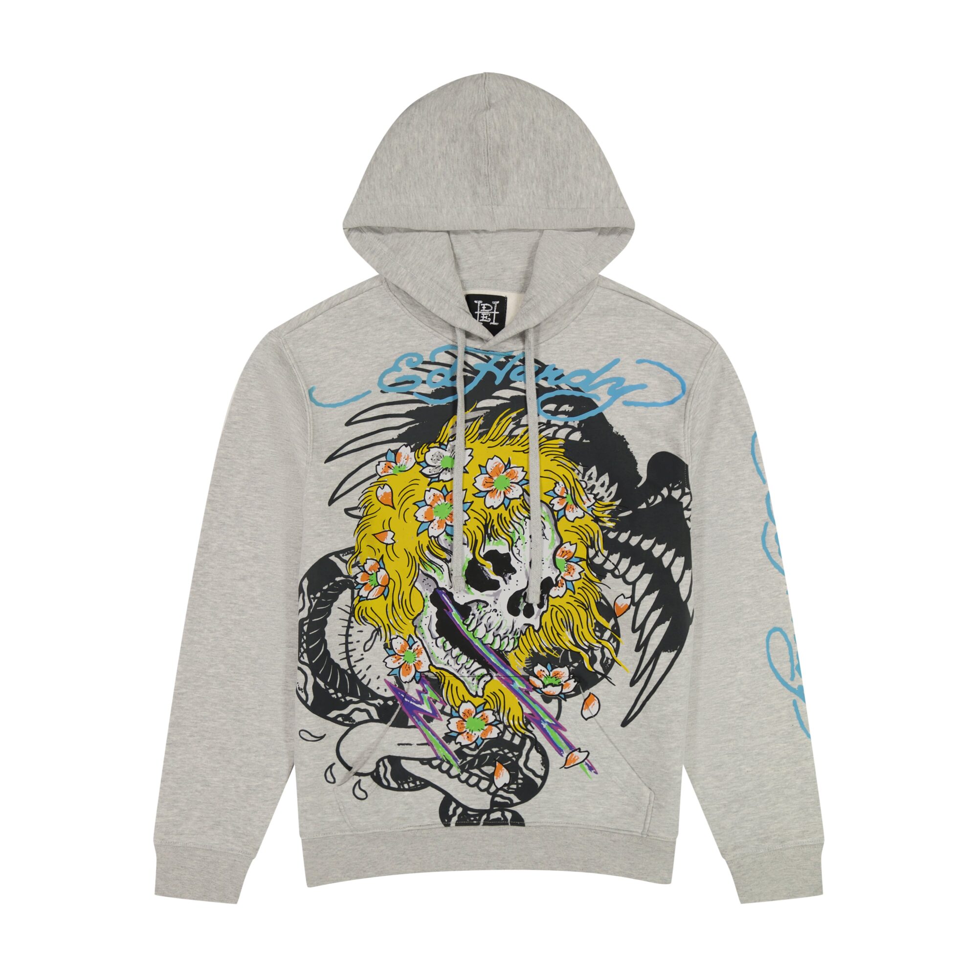 YELLOW HAIR SKULL HEATHER GREY PULLOVER HOODIE