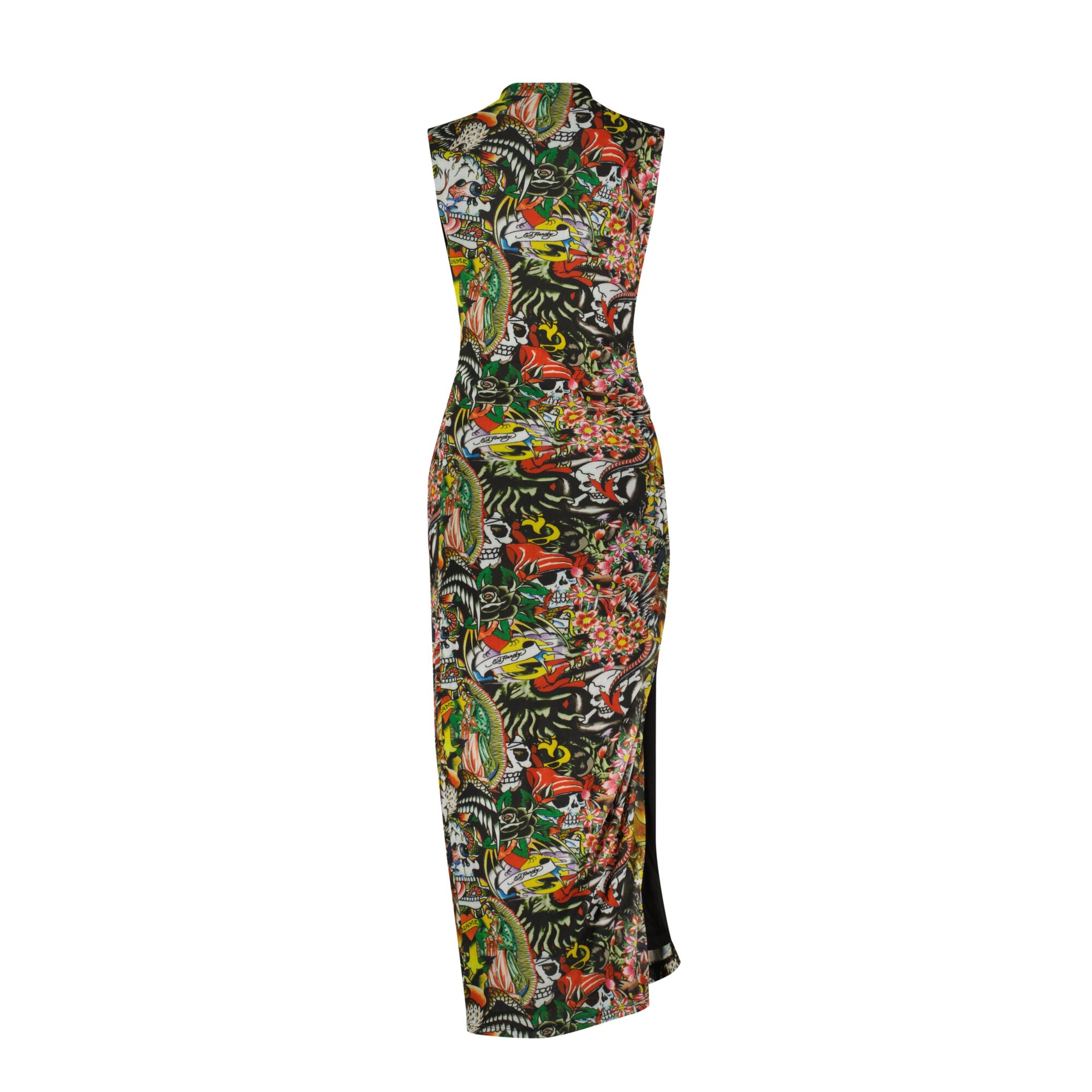 TATTOO COLLAGE PRINT MESH MAXI DRESS