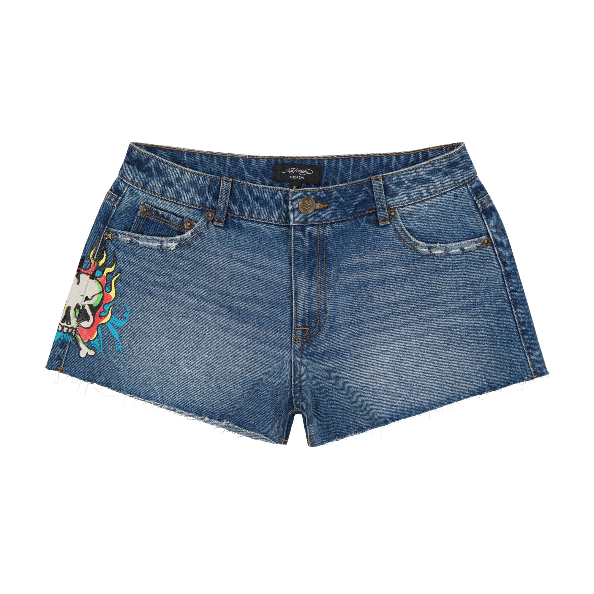 FLAME SKULL DENIM SHORTS