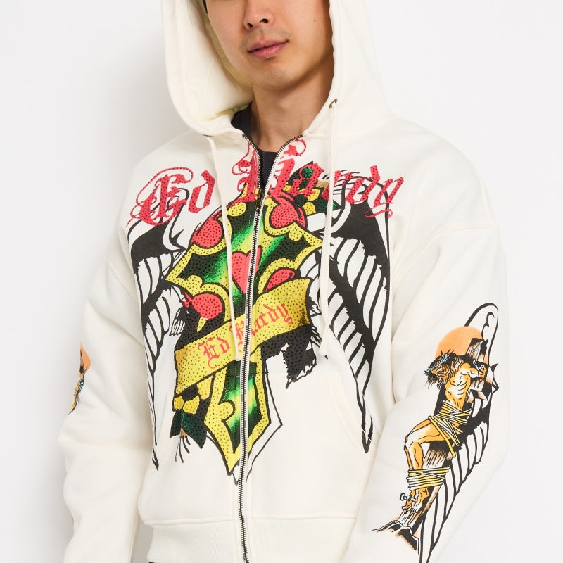 CHRIST CROSS RHINESTONE BOXY ZIP HOODIE
